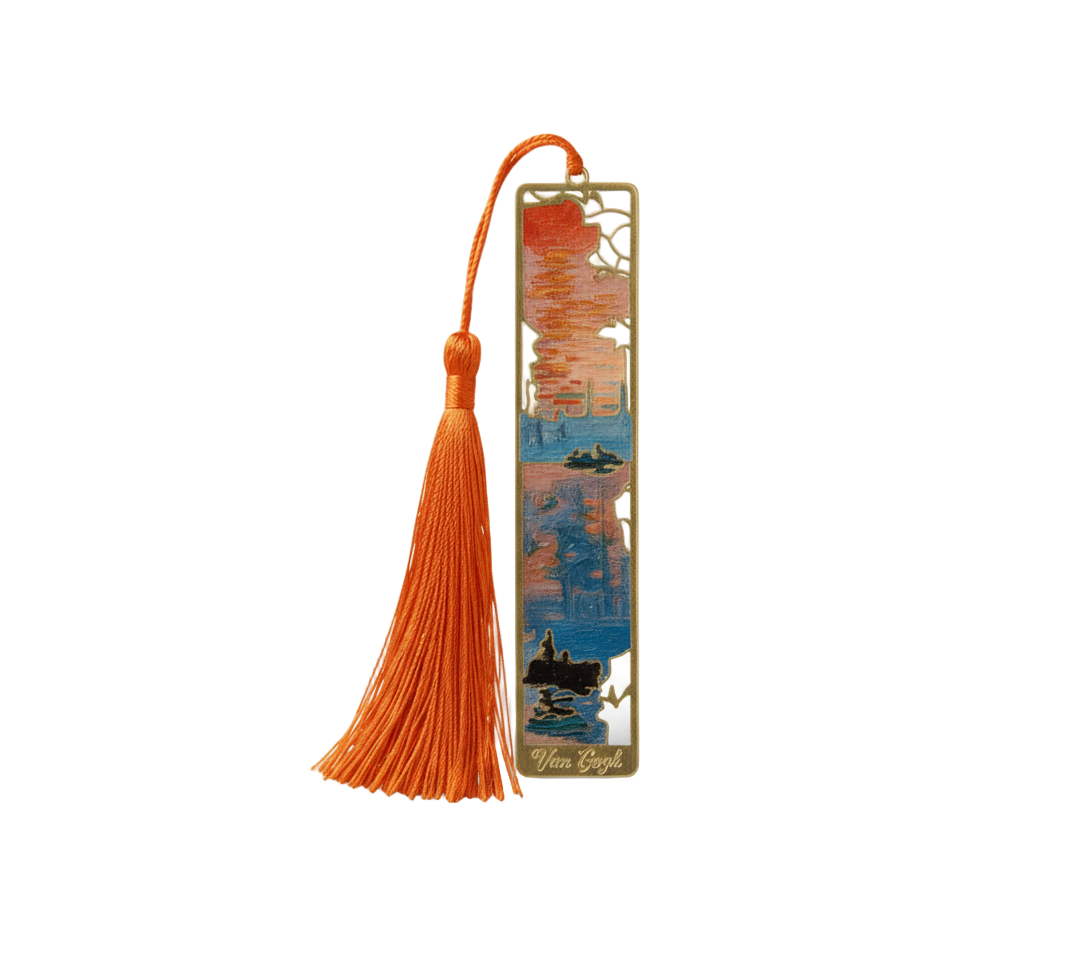Marque-page Impressionnisme Monet “Impression, soleil levant” avec pompon orange — signet artistique haut de gamme pour passionnés de peinture.
