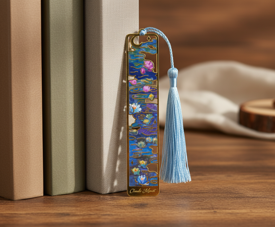 Marque-page Monet “Nymphéas” bleu avec pompon ciel — signet fin en métal émaillé, cadeau pour bibliophiles et fans d’art impressionniste.