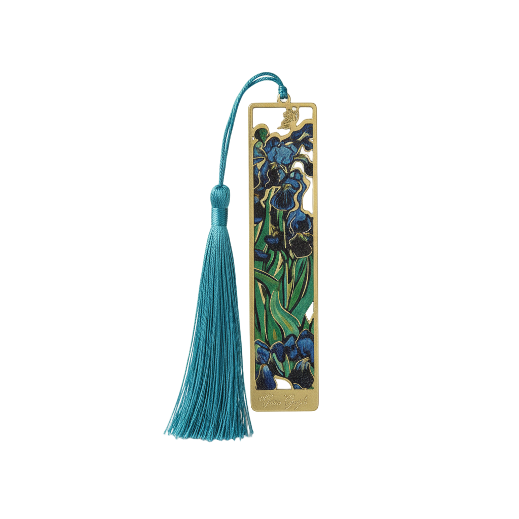 Marque-page Van Gogh “Iris” en métal doré avec pompon turquoise — signet décoratif premium, accessoire de lecture inspiré des musées.
