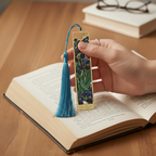 Marque-page Van Gogh “Iris” en métal doré avec pompon turquoise — signet décoratif premium, accessoire de lecture inspiré des musées.