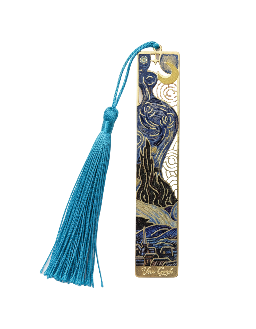 Marque-page Van Gogh “La Nuit étoilée”, métal doré et pompon bleu — signet design inspiré du chef‑d’œuvre, parfait pour romans et papeterie.