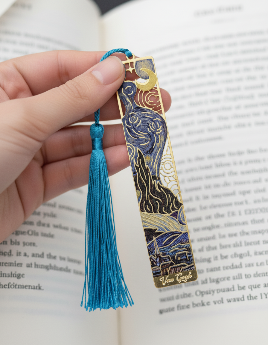 Marque-page Van Gogh “La Nuit étoilée”, métal doré et pompon bleu — signet design inspiré du chef‑d’œuvre, parfait pour romans et papeterie.