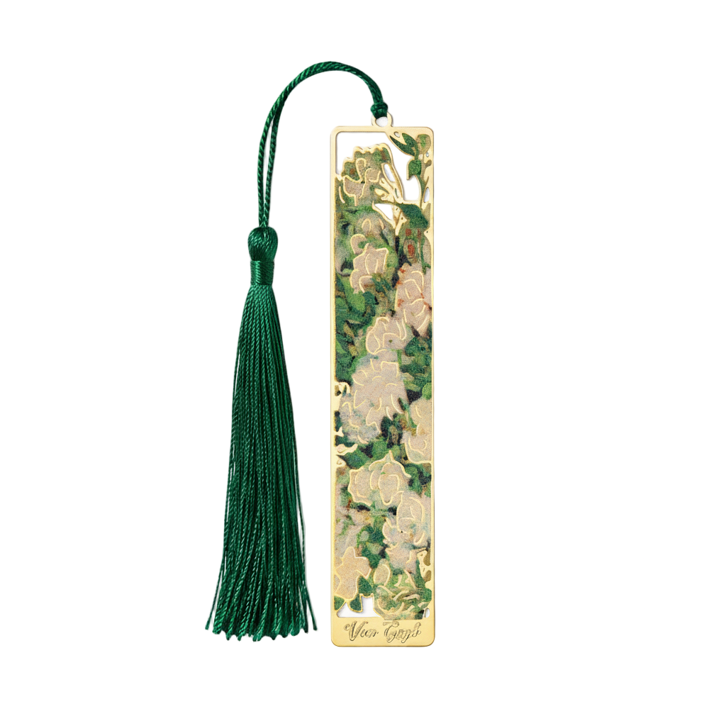 Marque-page floral Van Gogh “Roses blanches” en métal doré avec pompon vert — accessoire de lecture raffiné, style musée et collection.