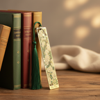 Marque-page floral Van Gogh “Roses blanches” en métal doré avec pompon vert — accessoire de lecture raffiné, style musée et collection.

