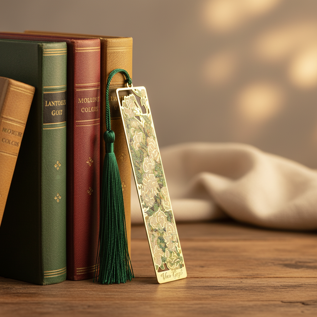Marque-page floral Van Gogh “Roses blanches” en métal doré avec pompon vert — accessoire de lecture raffiné, style musée et collection.


