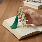 Marque-page floral Van Gogh “Roses blanches” en métal doré avec pompon vert — accessoire de lecture raffiné, style musée et collection.