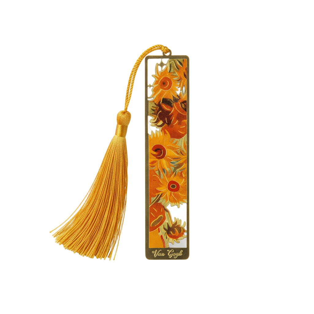 Marque-page métal émaillé Van Gogh “Tournesols” avec pompon jaune — signet artistique élégant, idée cadeau pour lecteurs et amoureux d’art.